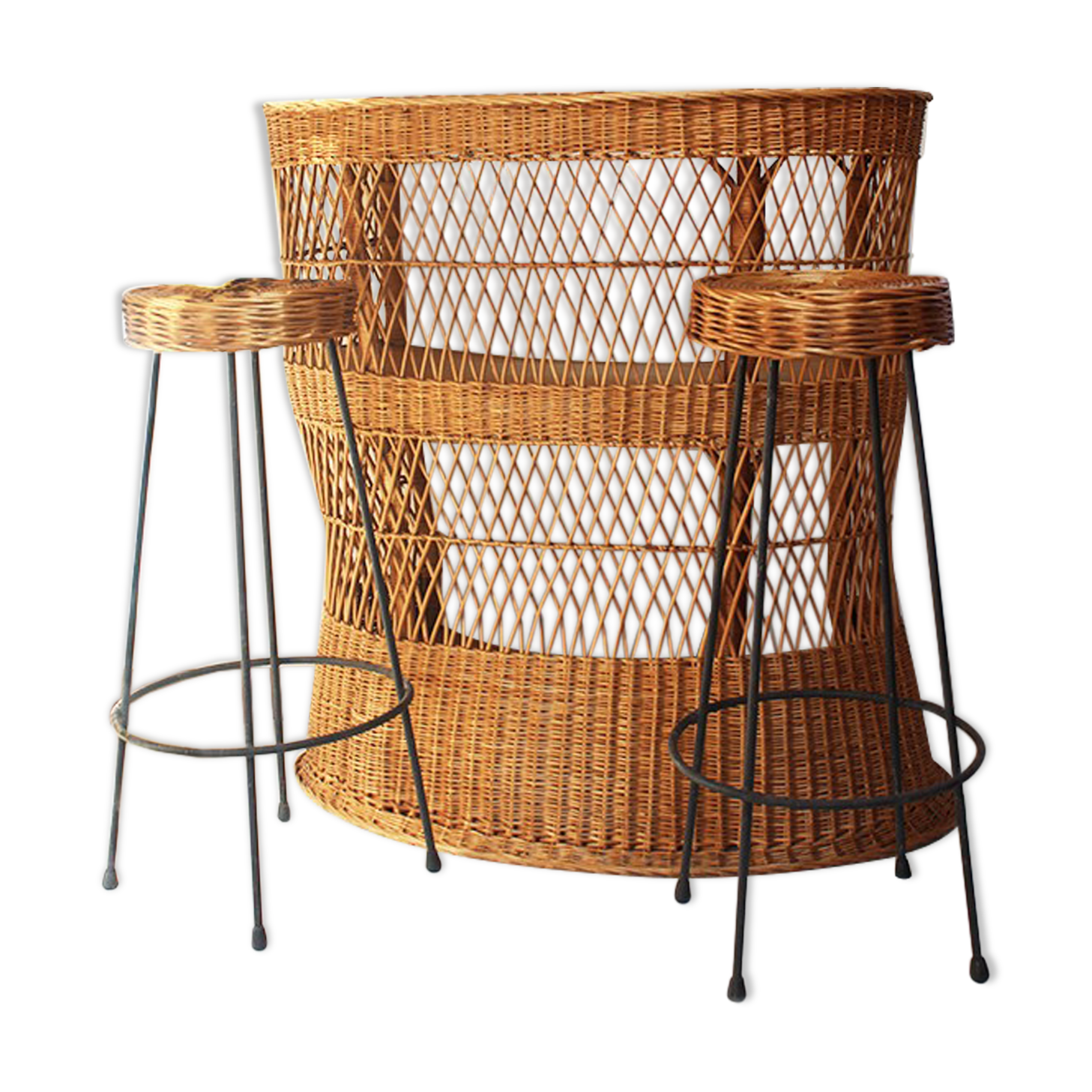 Rattan bar and 2 metal foot stools