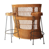 Rattan bar and 2 metal foot stools