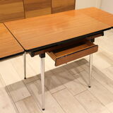 Briwn Formica table with extension cords and drawer
