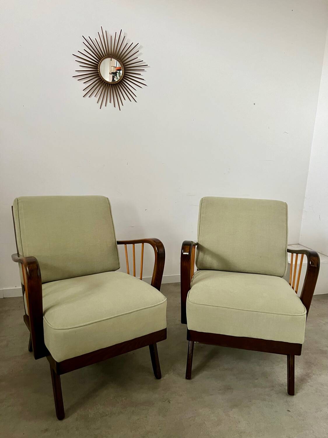 Set 2 old designer fireside chairs from the 50s wood and vintage fabric