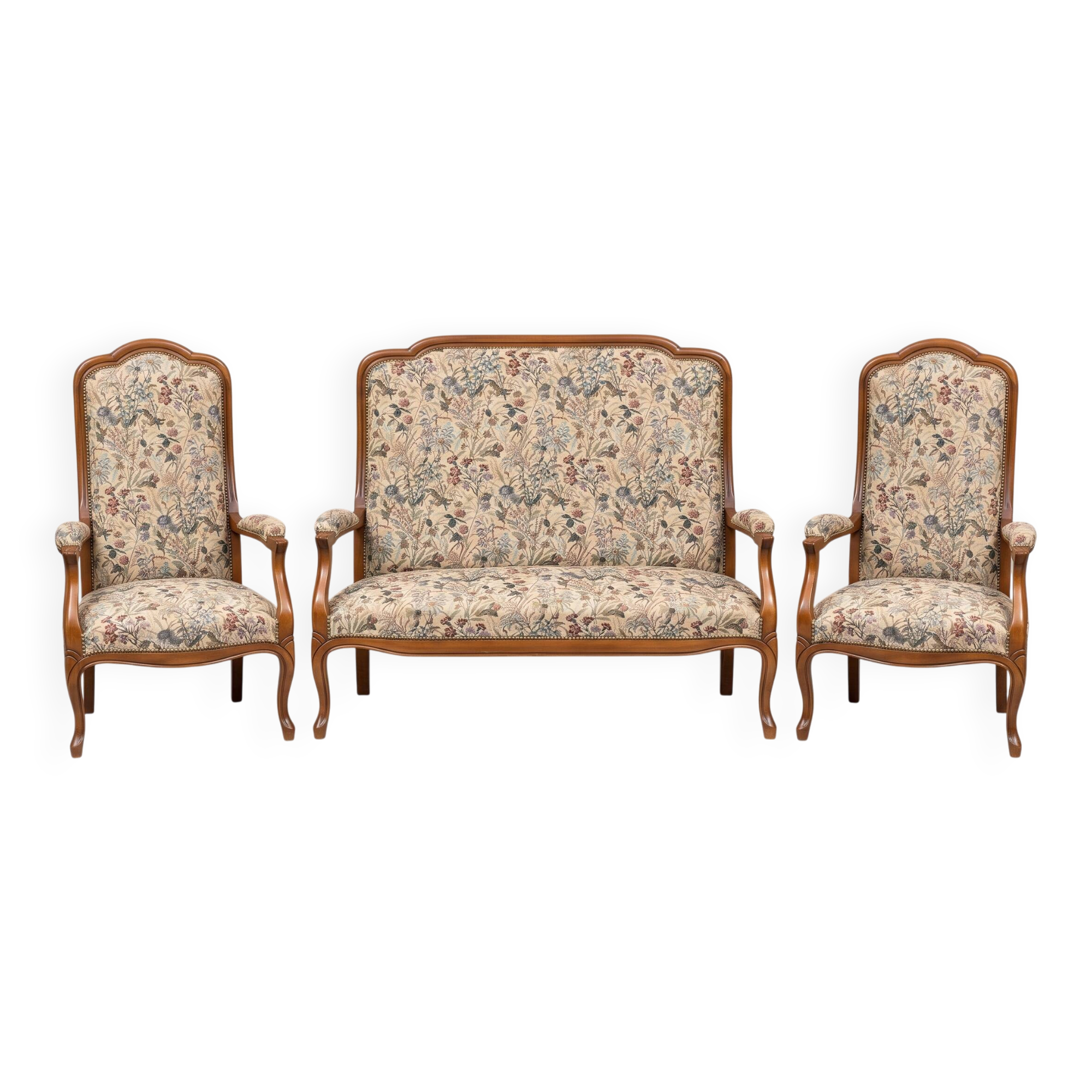 Salon style Louis XV complet en bois massif – Canapé + 2 fauteuils - très bon état