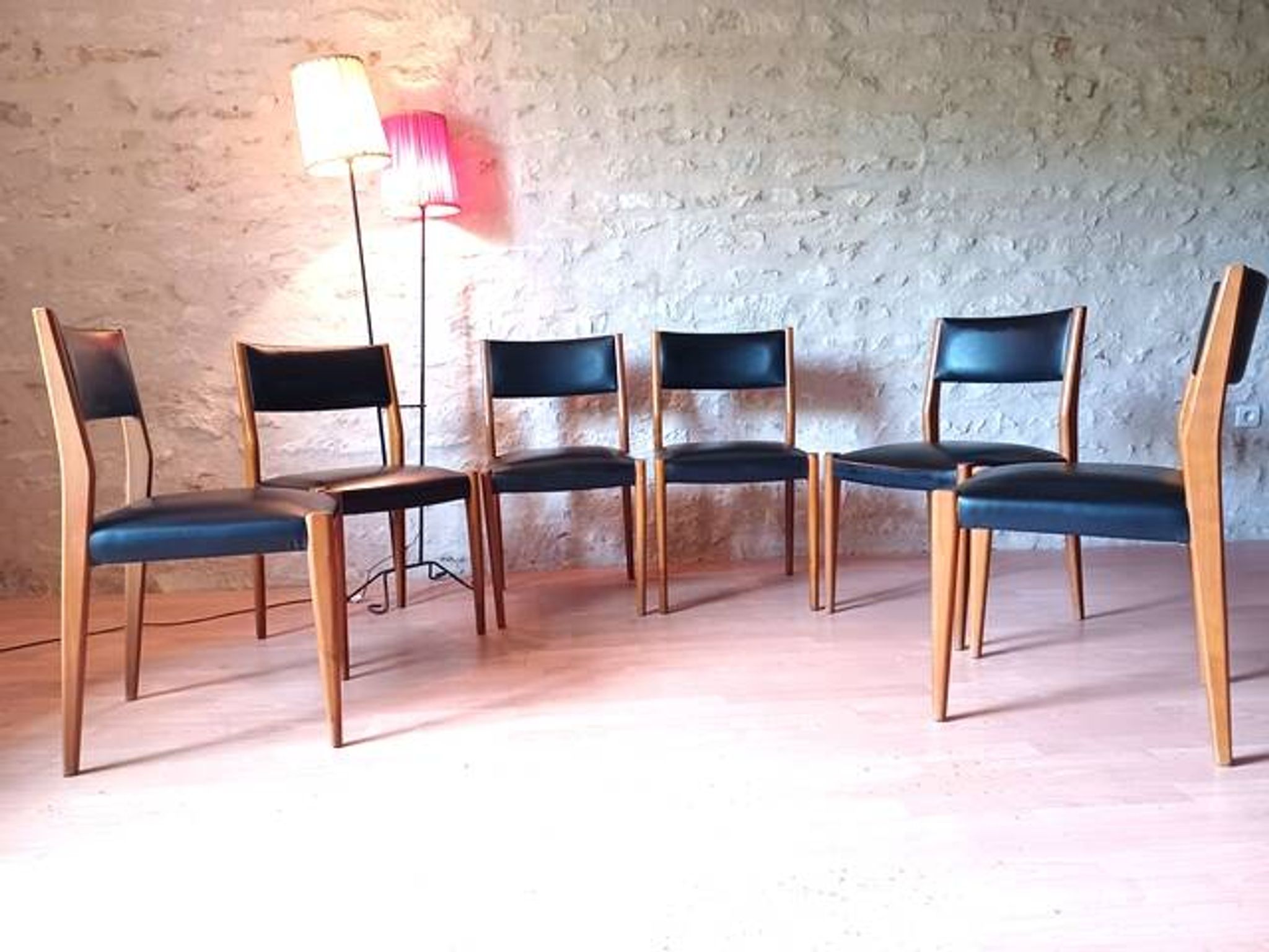 6 chaises scandinave teck et skaï vintage 1960