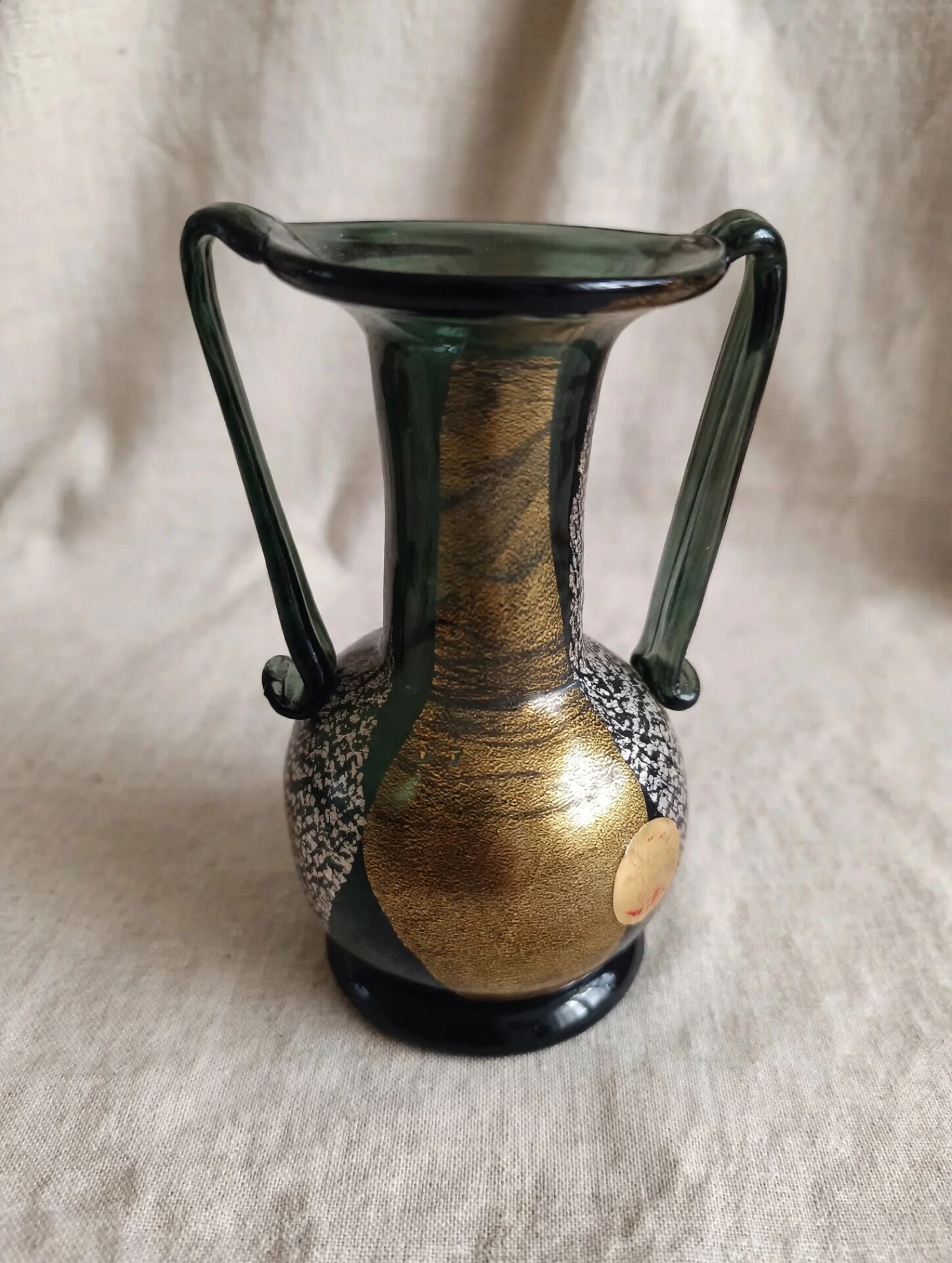 Murano Vintage 1960 Vase Amphora - Black Gold Silver - Original Label