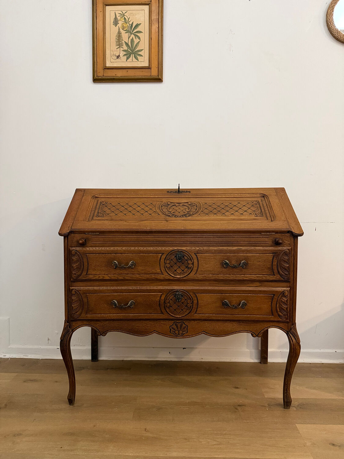 Carved oak secretary