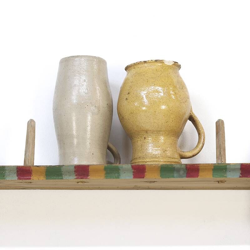 Antique Rustic Farmhouse Folk Art Painted Kitchen Plate Rack / Wall Shelve