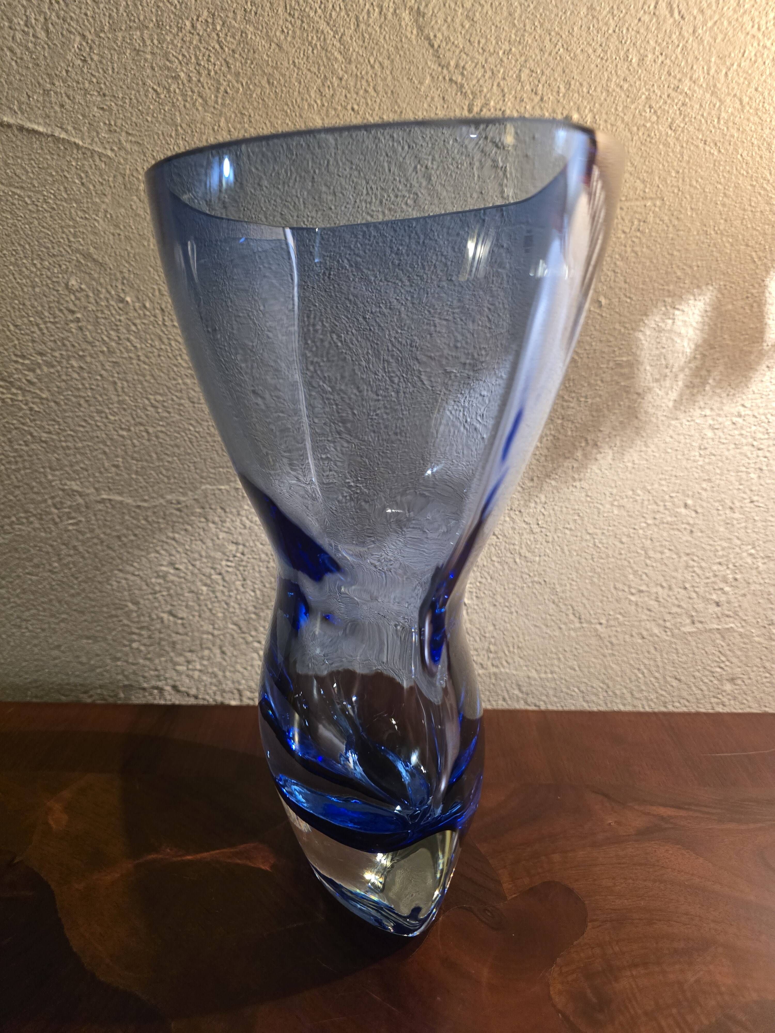 Large krosno vase from poland in blown blue glass, vintage variation.