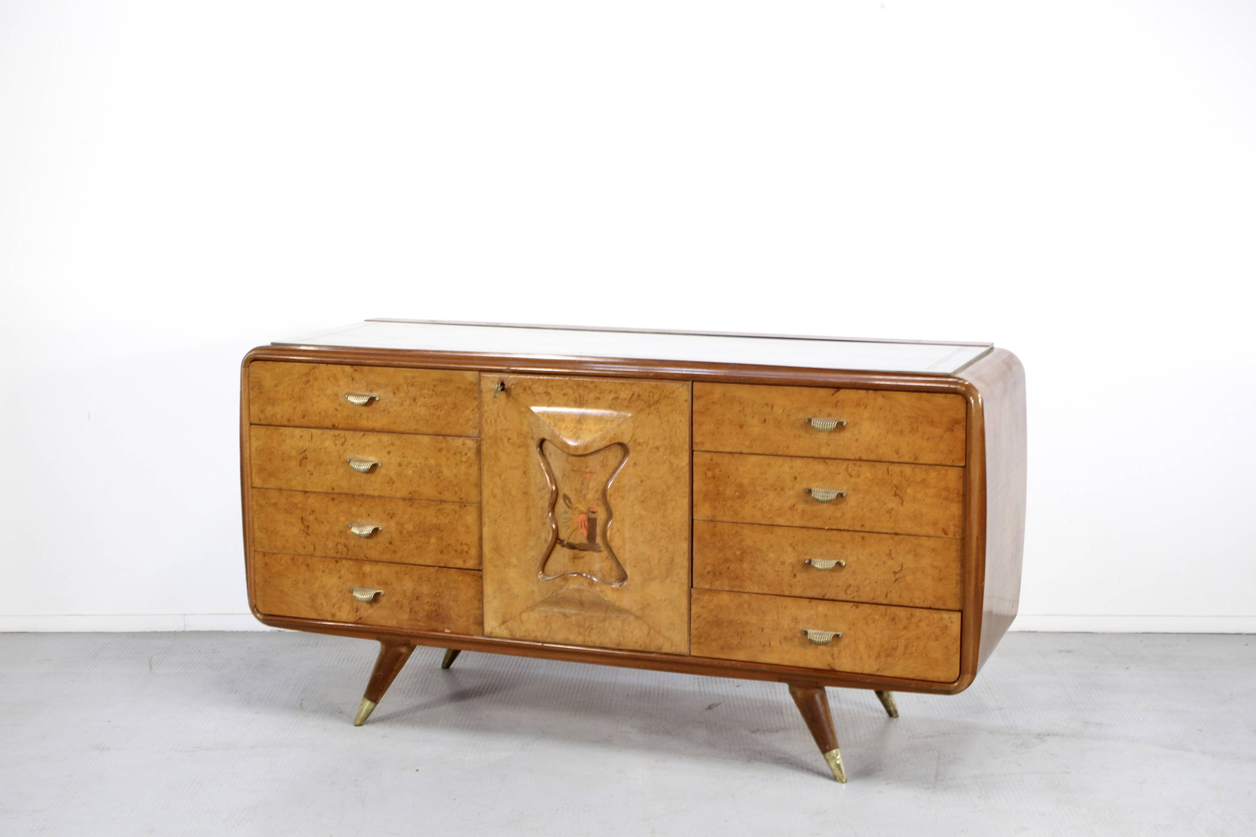 Italian Art Deco Sideboard In Walnut Burl And Brass.