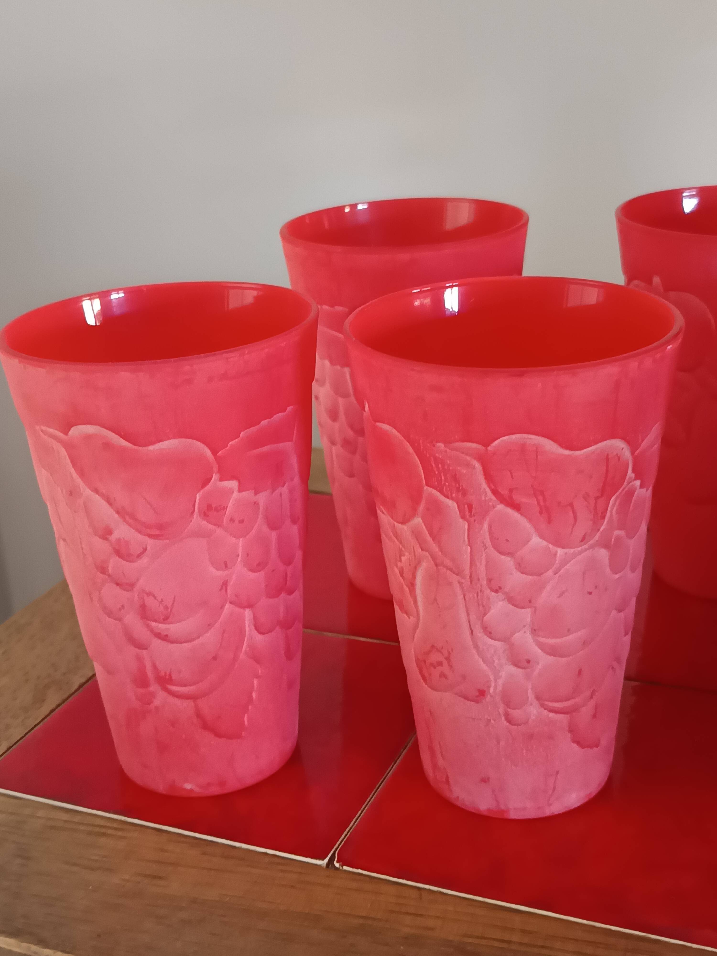 Cervé vintage red frosted glass orangeade set with fruit decoration