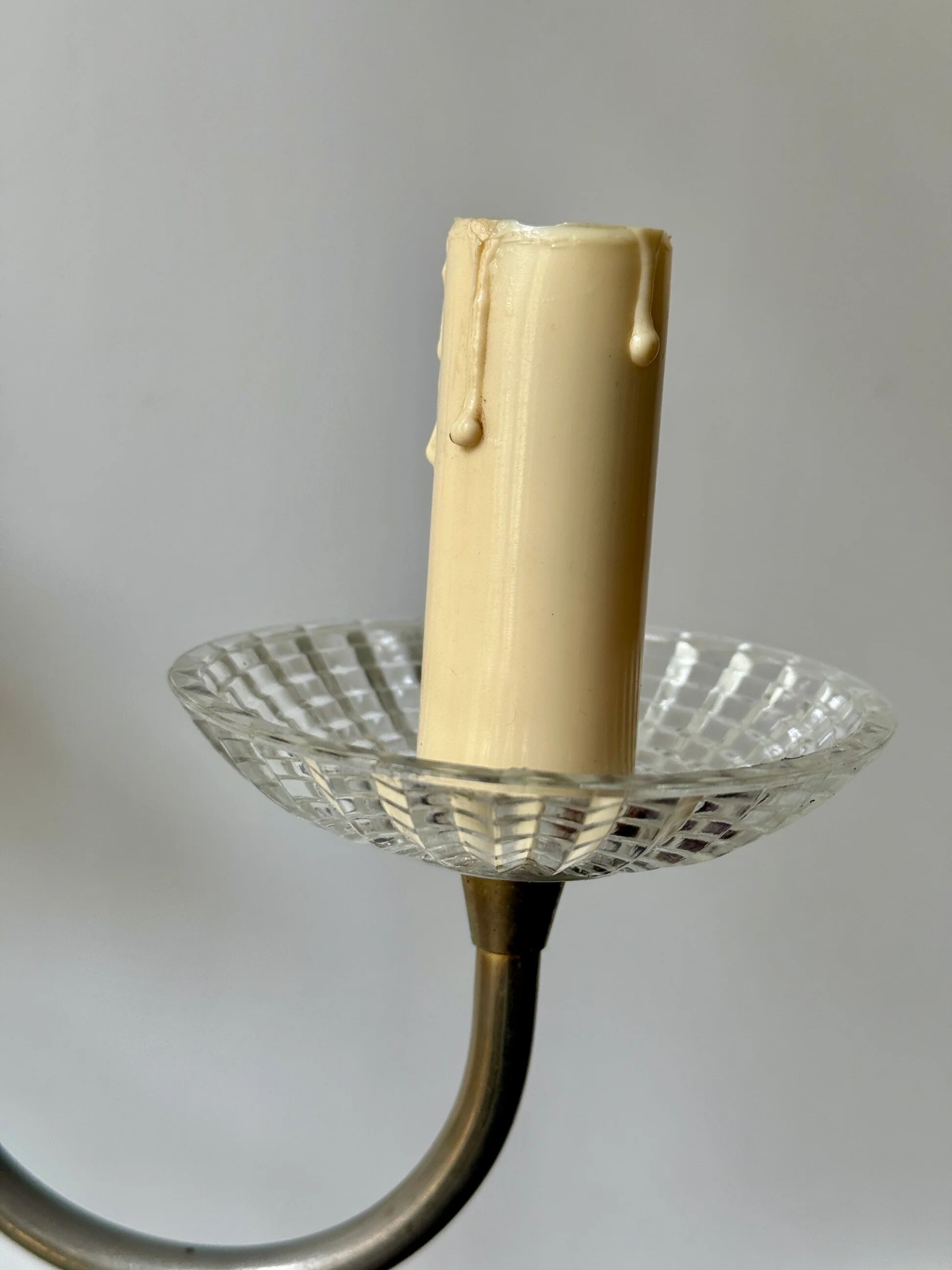 Vintage brass and glass three-branch chandelier