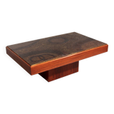 Brutalist Coffee Table with Copper Top and Wooden Base