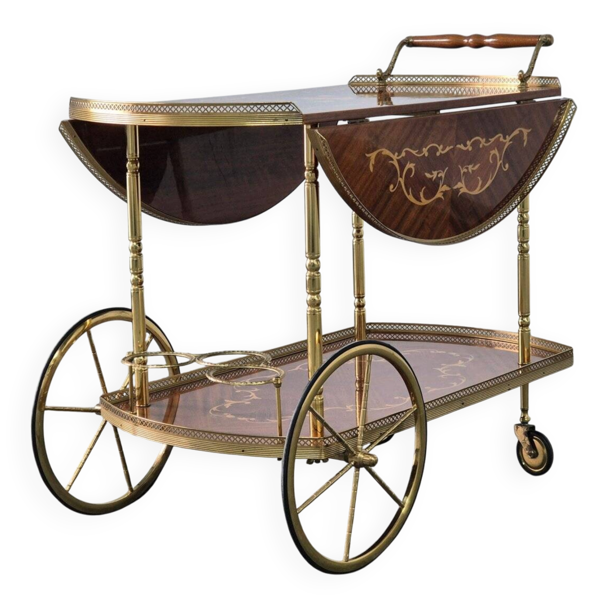 1970s drinks bar cart with side flaps in marquetry