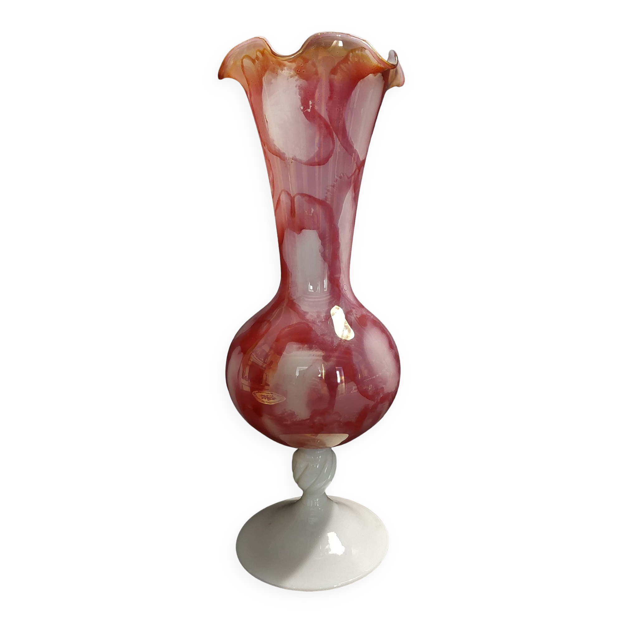 Vintage vase in iridescent glass and opaline marbled pink and white 34 cm