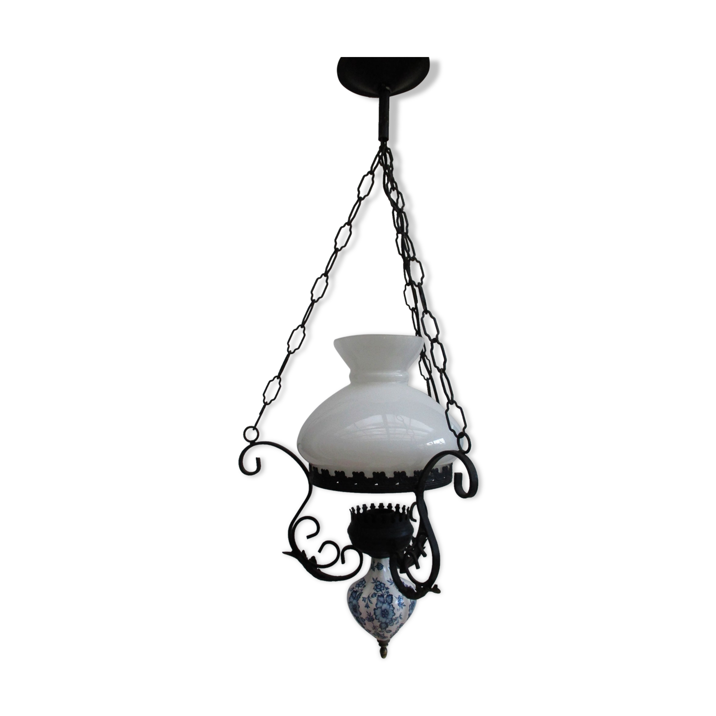 Vintage opaline and ceramic wrought iron chandelier