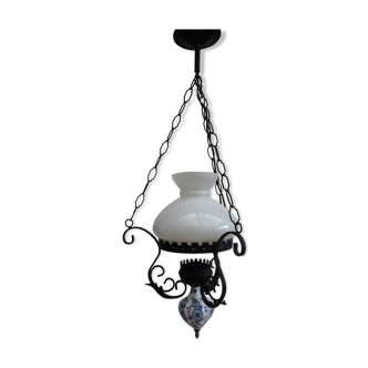Vintage opaline and ceramic wrought iron chandelier