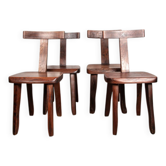 Set of 4 Scandinavian chairs in solid Elm, model T in the style of Olavi Hannin.