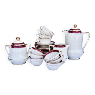Limoges white and burgundy porcelain tea set