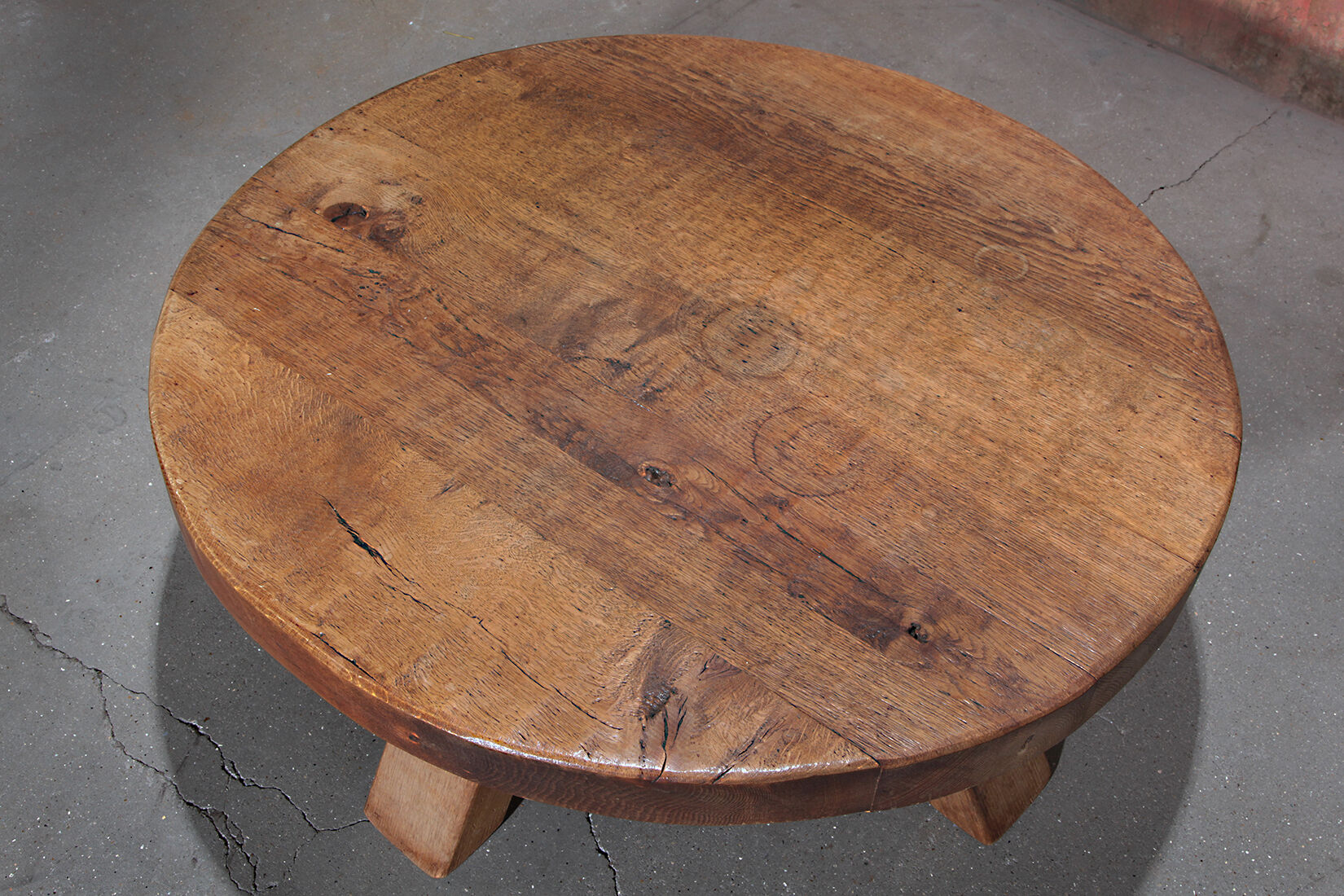 Brutalist Massive Robust Oak Round Coffee Table, 60s