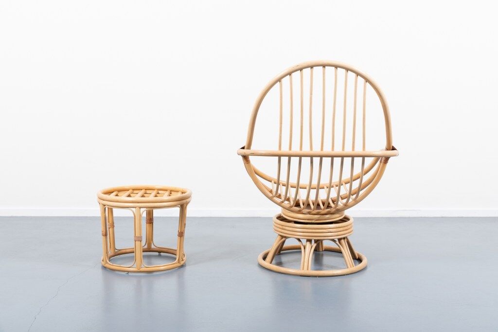 Lounge armchair with vintage bamboo side table