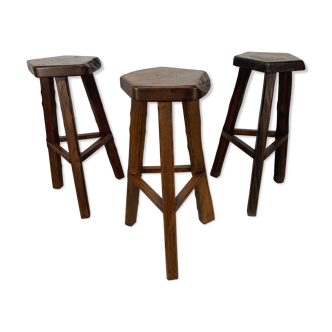 Set of 3 brutalist elm bar stools brand Aranjou