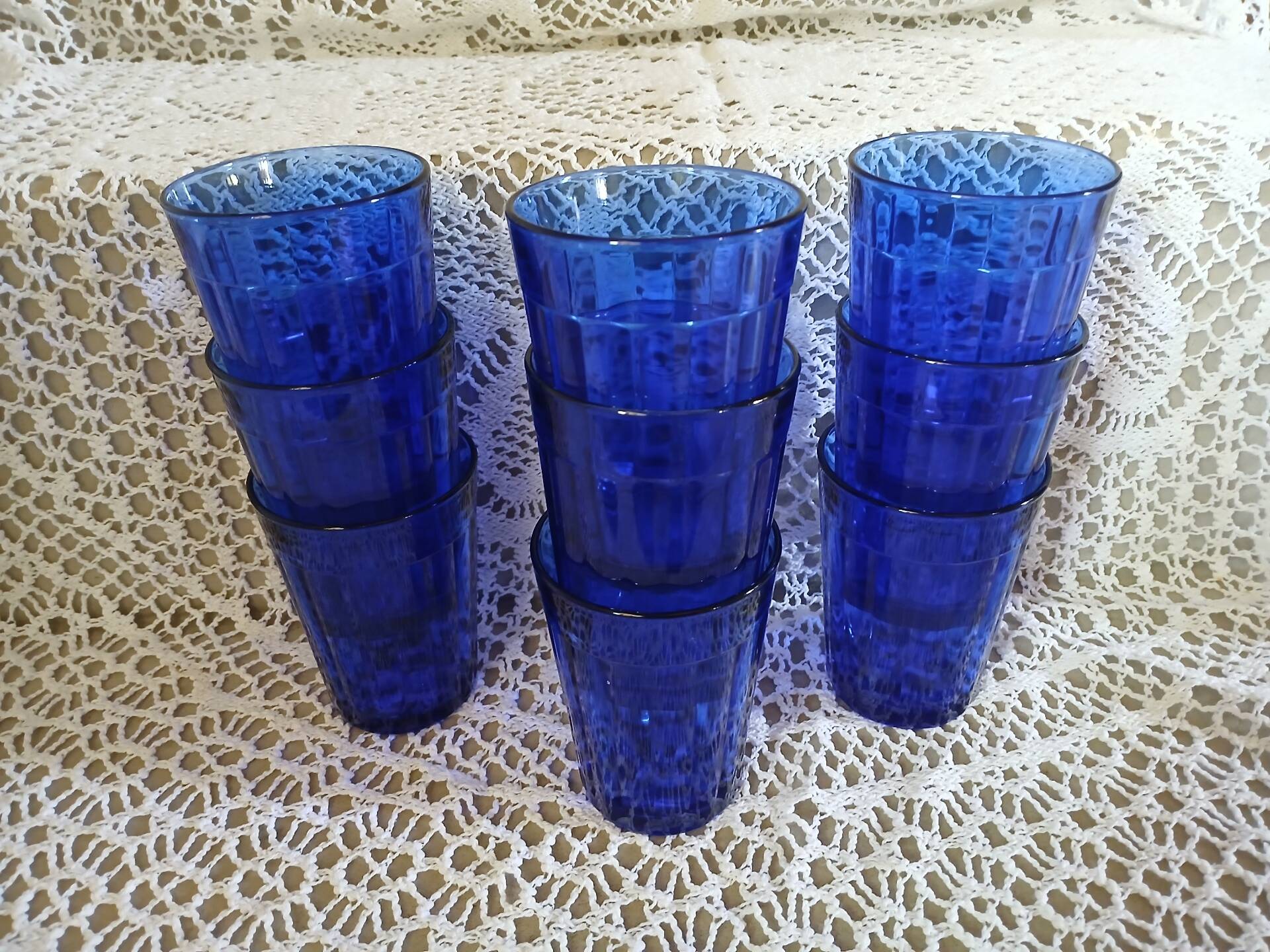 9 antique cobalt blue water glasses