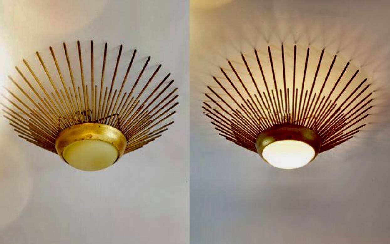 Golden sunburst metal glass pendant chandelier, 1960
