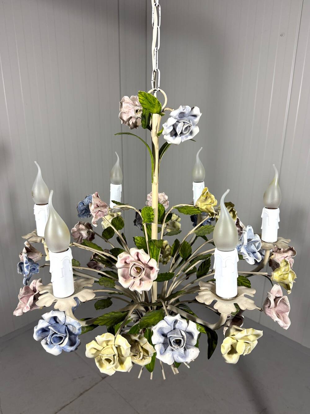 Italian tole chandelier porcelain flowers 1950’s