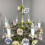 Italian tole chandelier porcelain flowers 1950’s