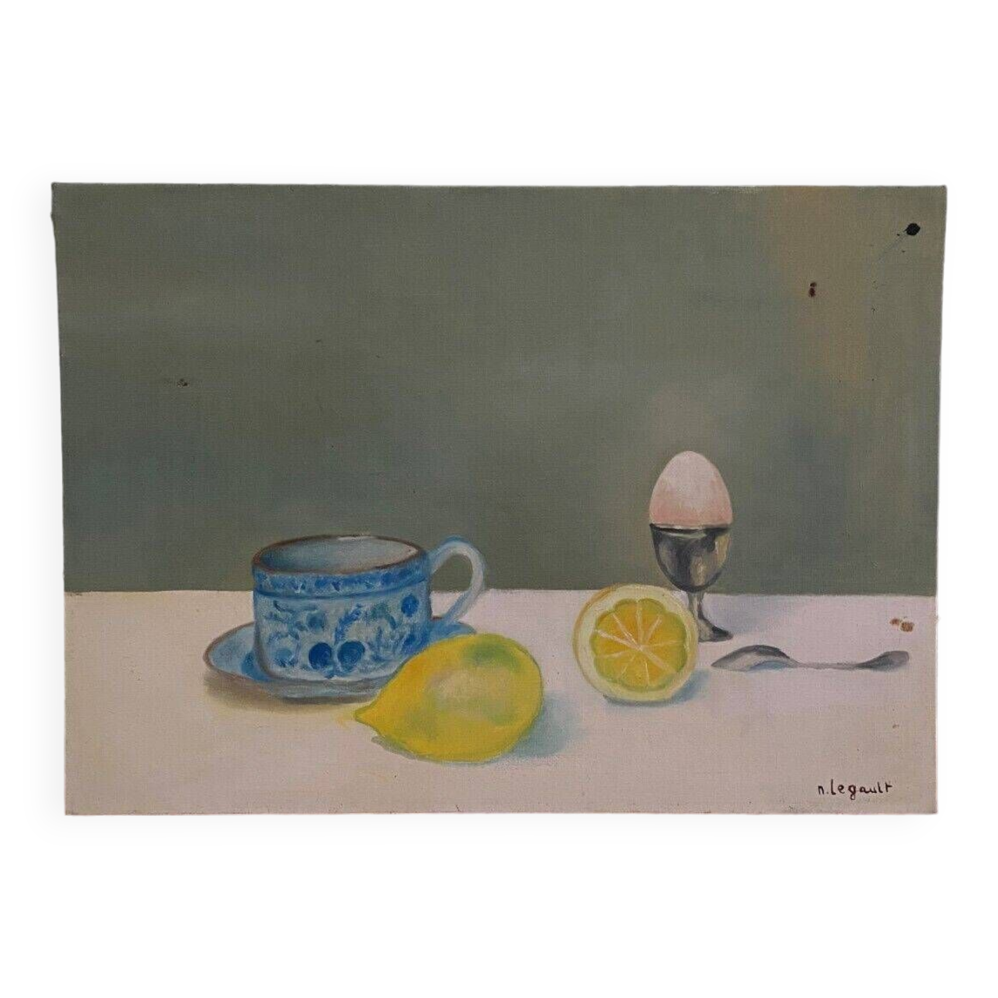 Oil on canvas still life by Nicole Legault La Tasse bleue 1980