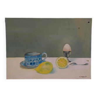 Huile sur toile nature morte par Nicole Legault - La Tasse bleue, 1980