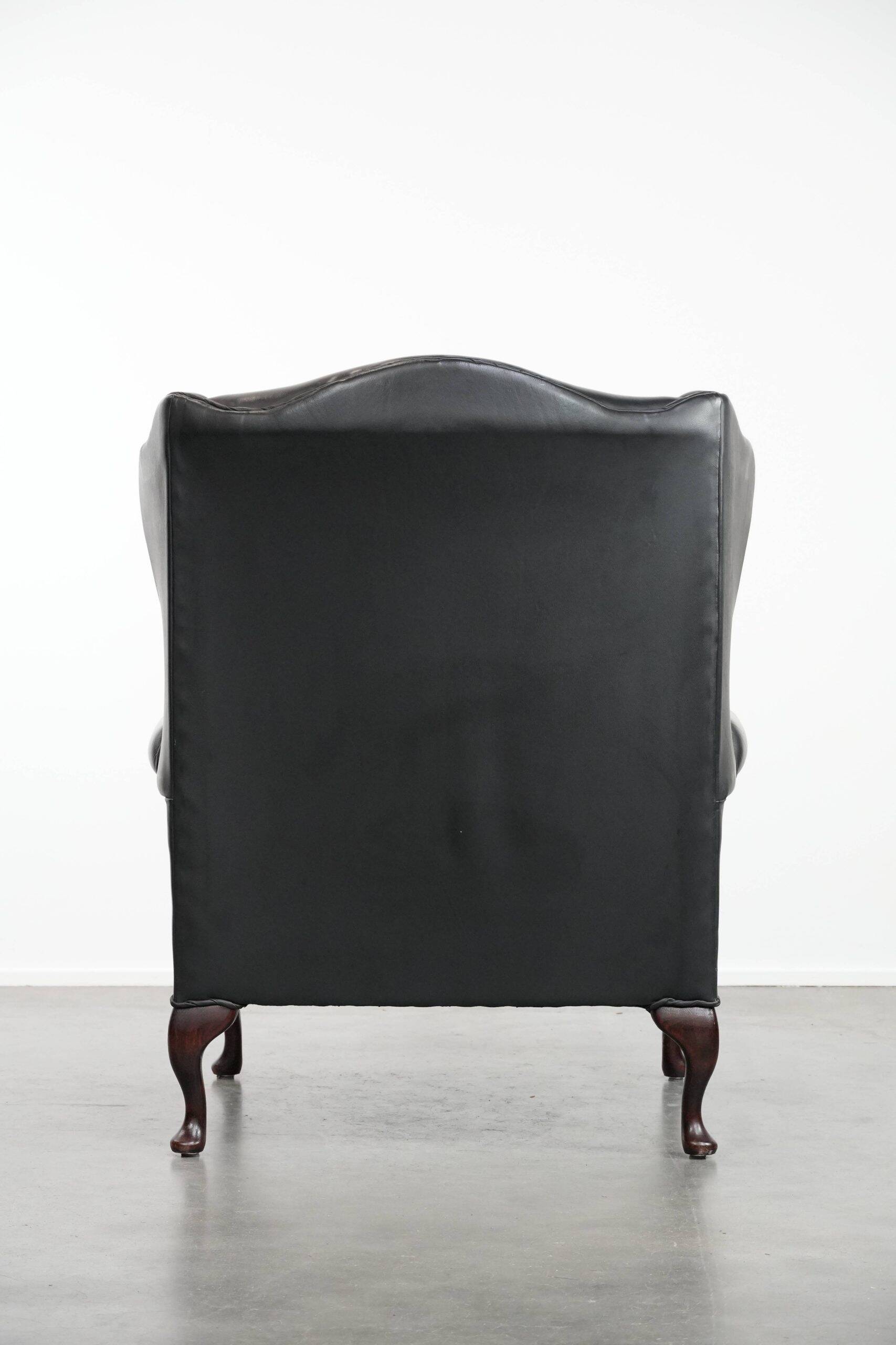 Black cowhide leather Chesterfield wingback chair in English style