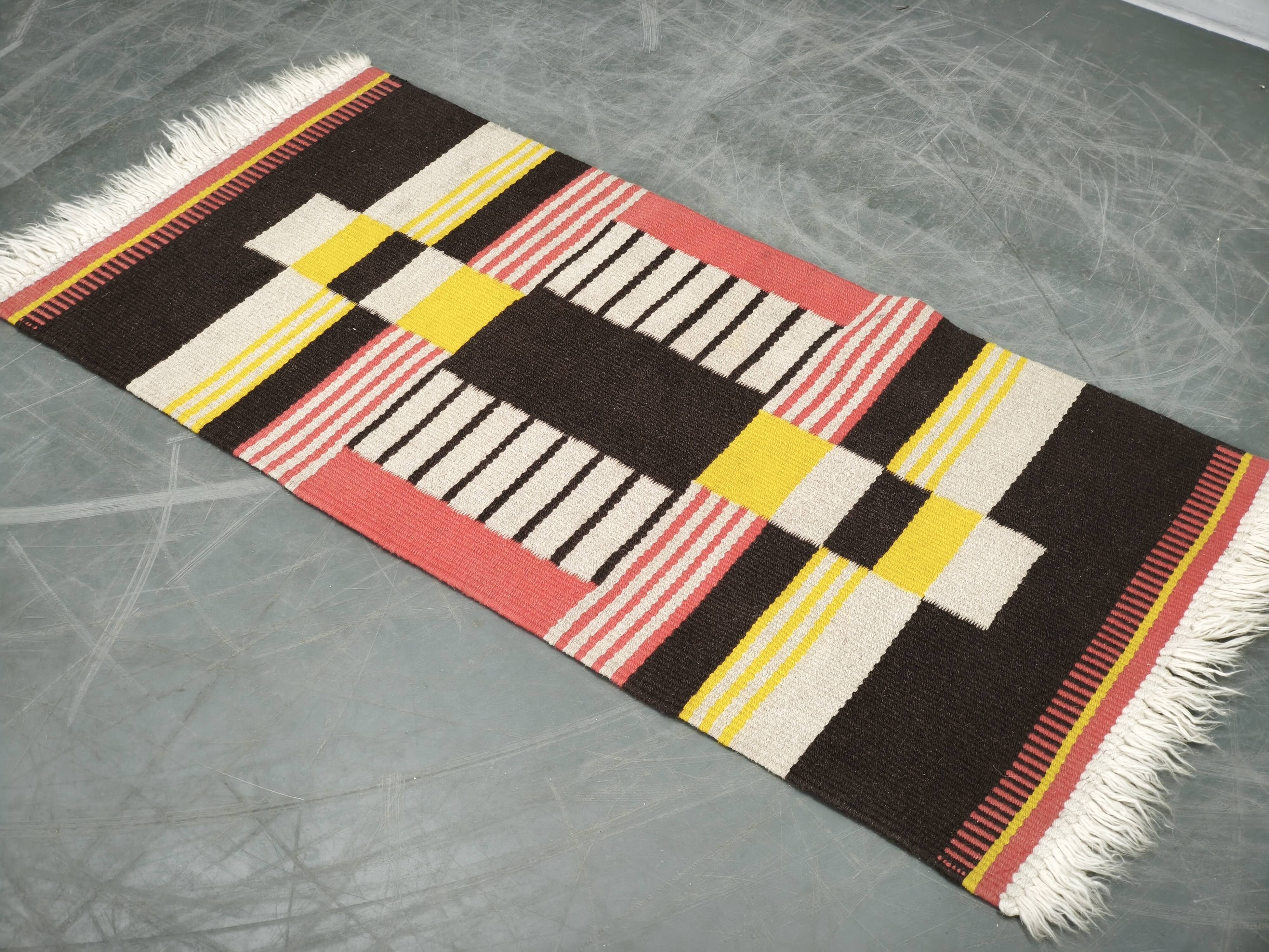 1950s Czech Geometric Wool Kilim Rug in Pink Black and Yellow