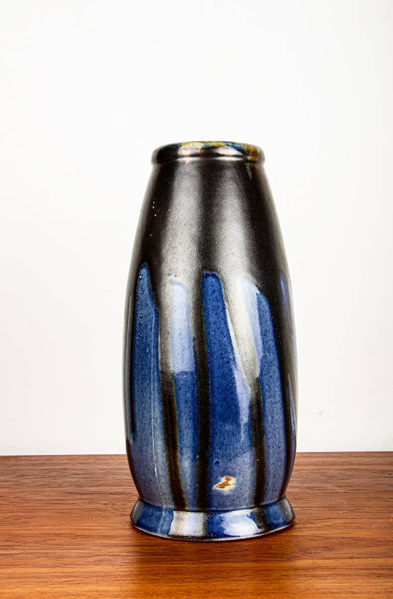 Large Art Deco vase, blue glazed ceramic, Léon Pointu, Puisaye stoneware