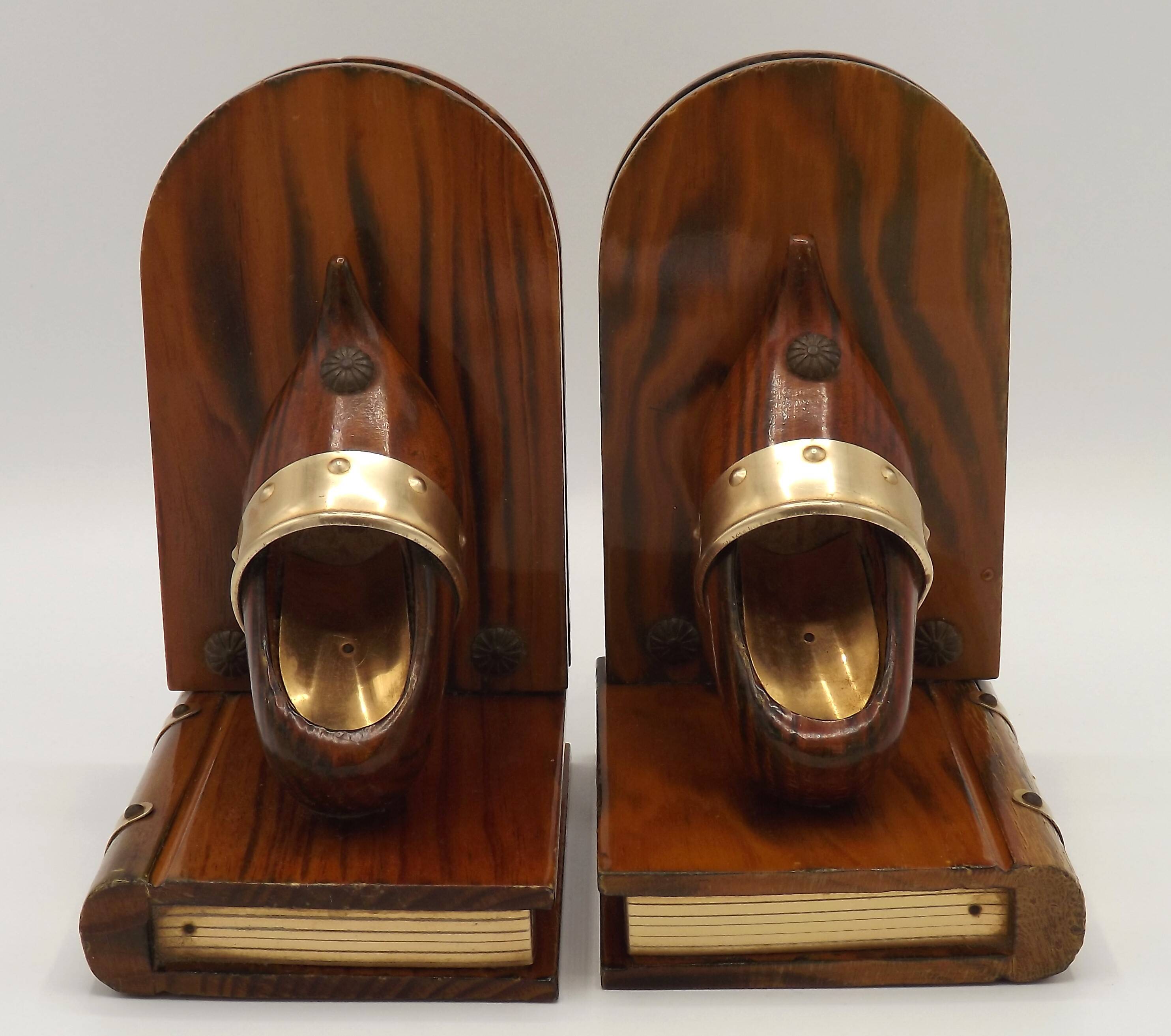 Vintage French Breton wooden bookends hand-carved with book and clog motif.