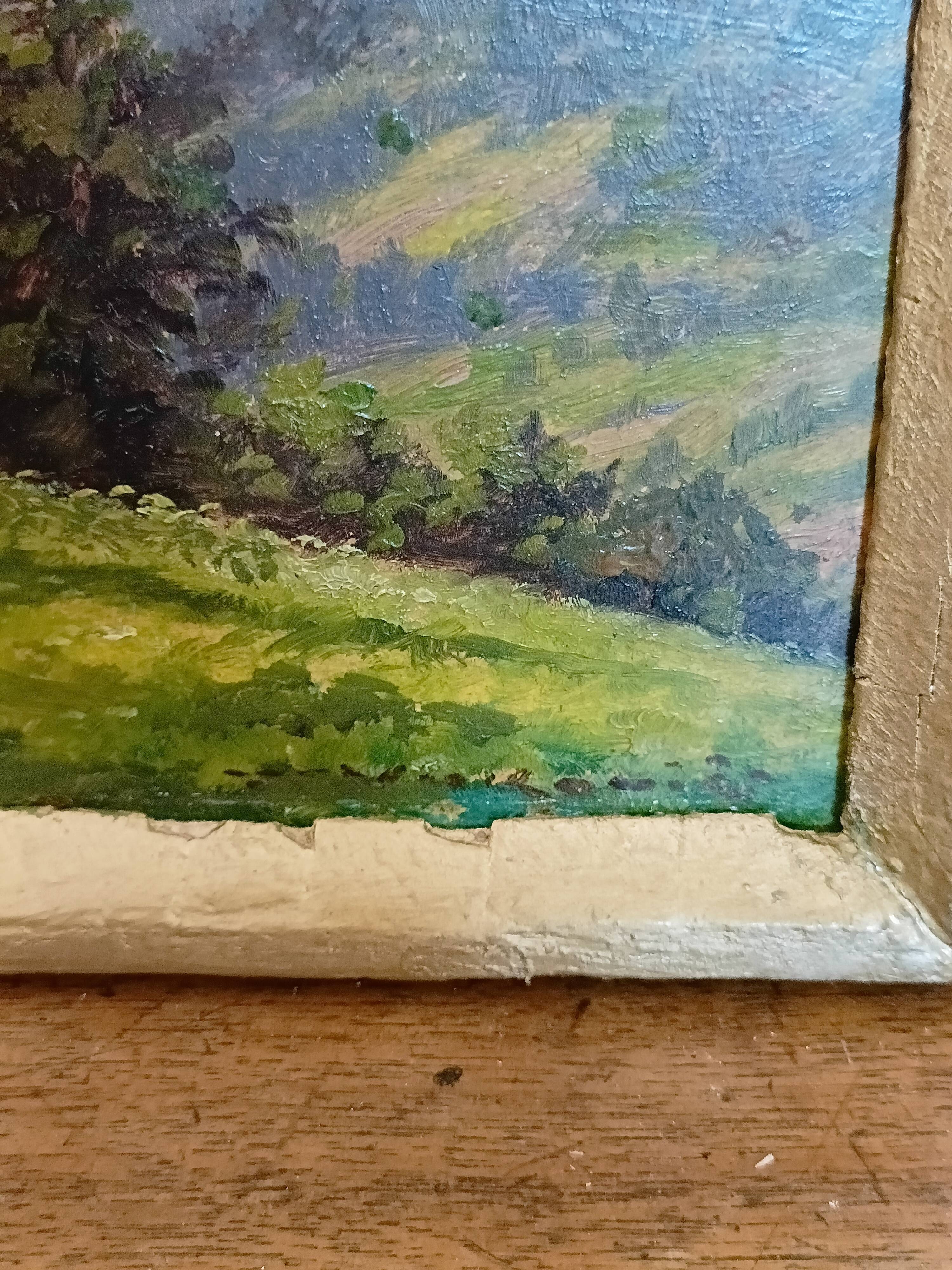 Oil on panel painting, signed K. Vukovic mountain landscape and chalet