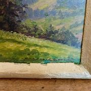 Tableau huile sur panneau, signé K. Vukovic paysage montagne et chalet