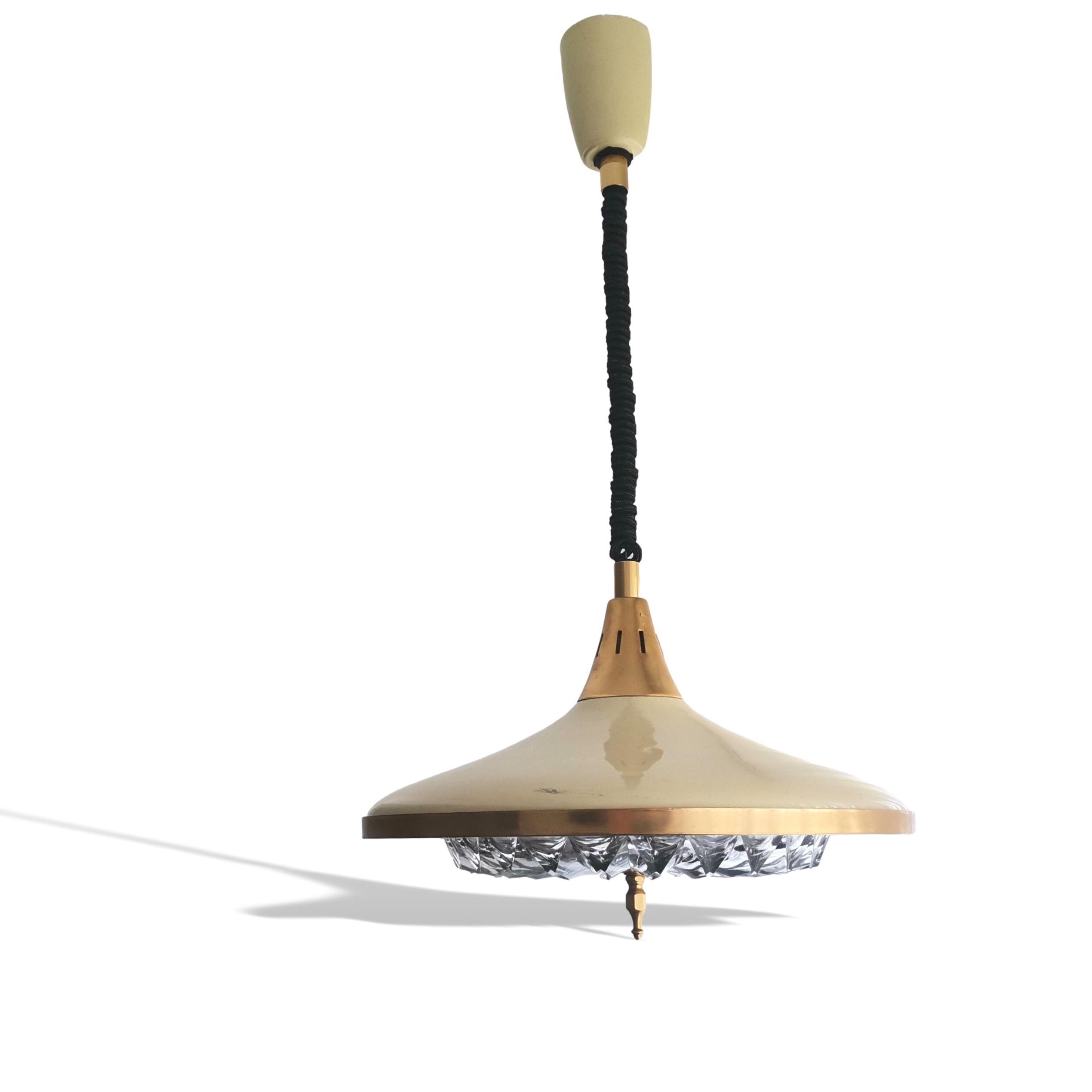 1960s mid century cream metal and crystal pull down large hanging lamp