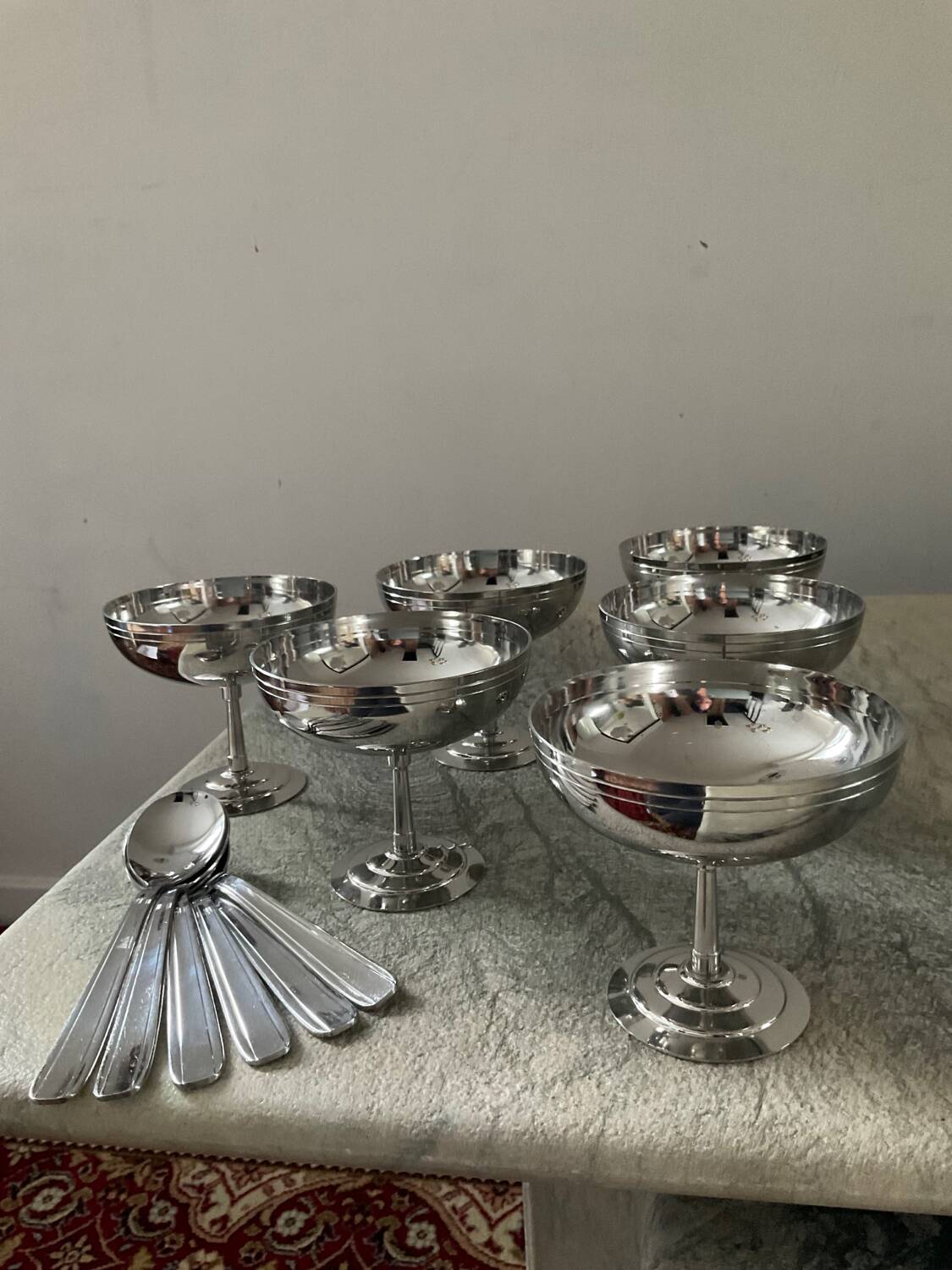 Set of 6 ice cream cups and spoons Letang Rémy 70s