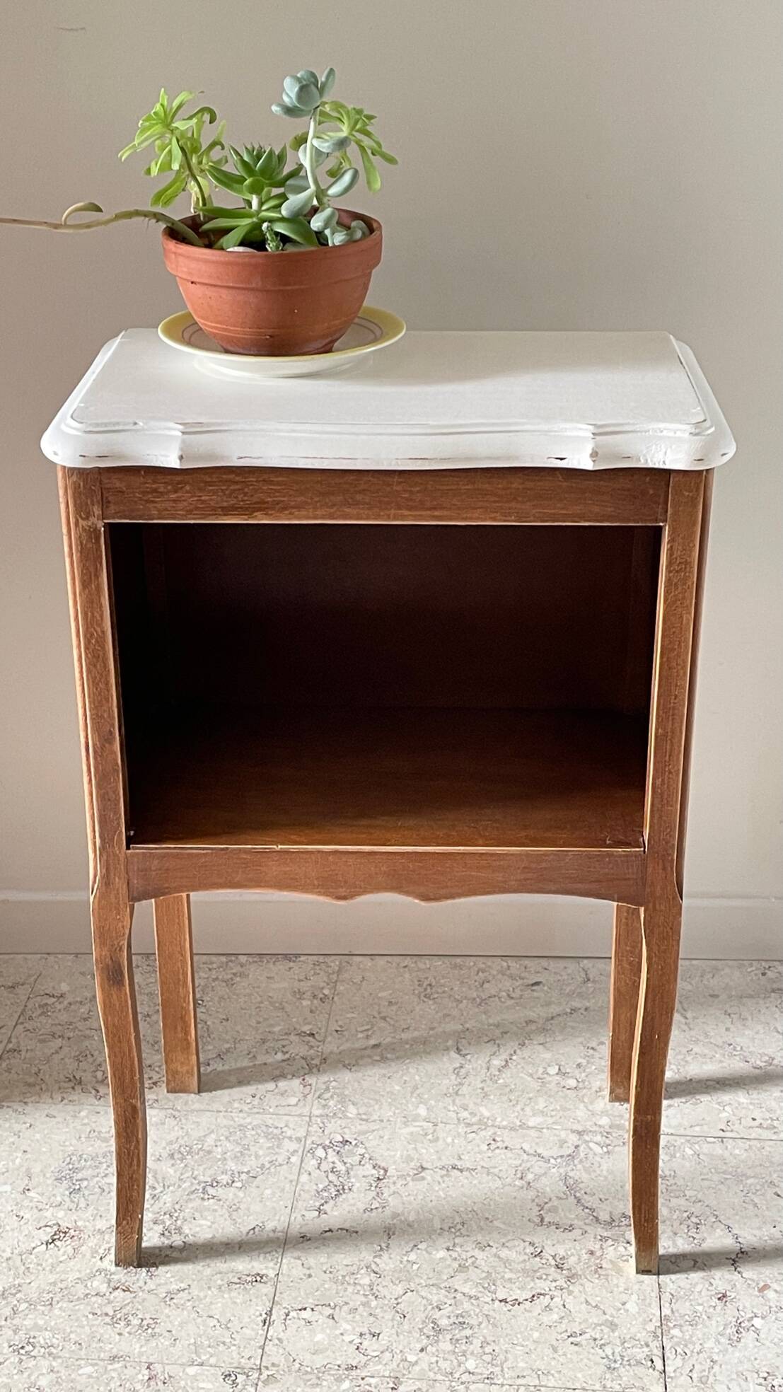 Vintage wood and white bedside table