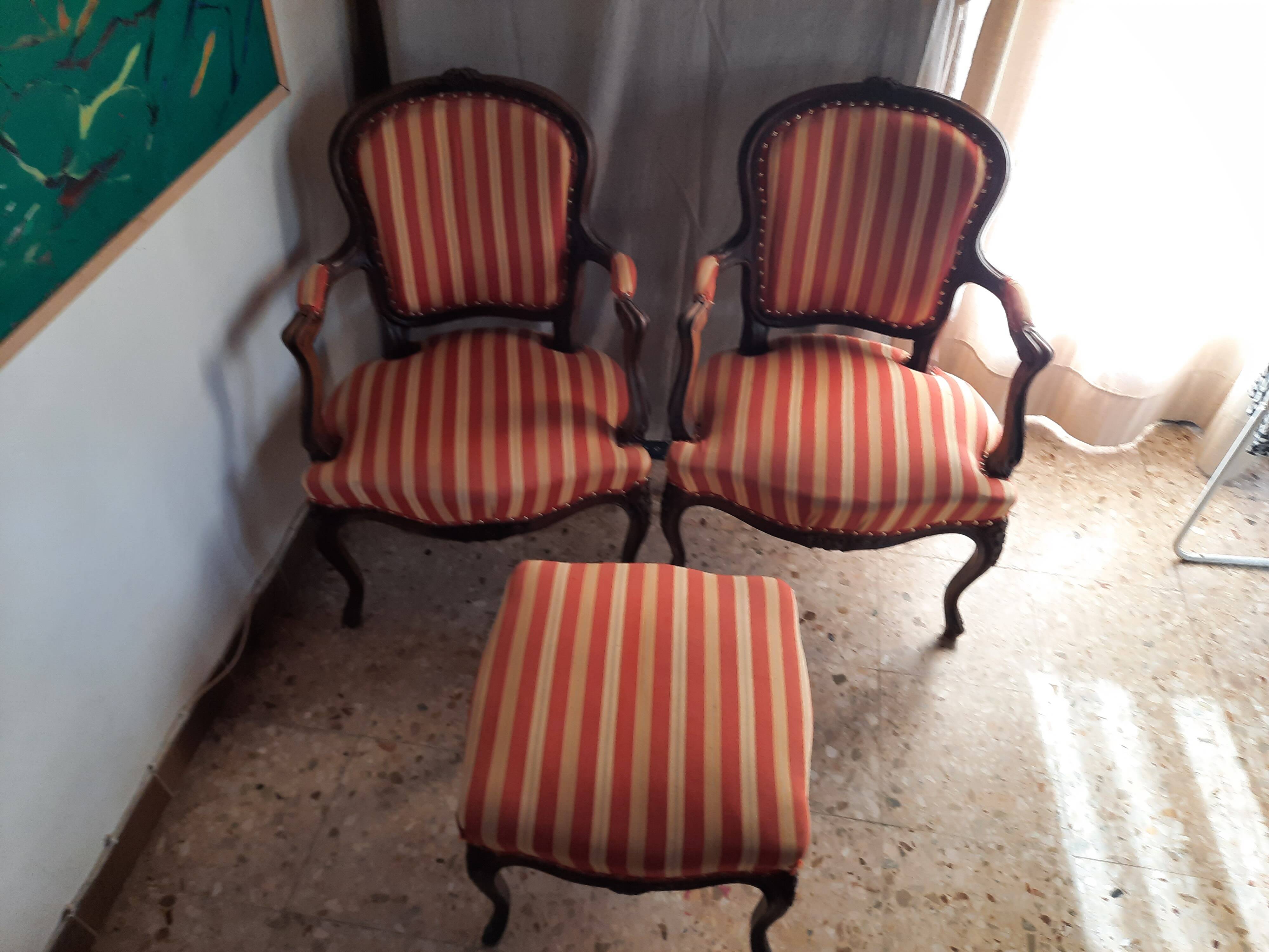 Pair of armchairs + stool in antique Louis XV style