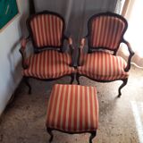 Pair of armchairs + stool in antique Louis XV style