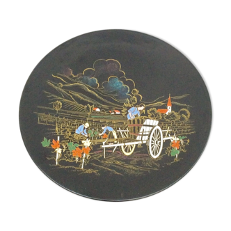 Plate wall collection enamelled earthenware, handmade, "The vineyards "Longwy ", numbered, black background, diameter -32cm- height -3.5cm