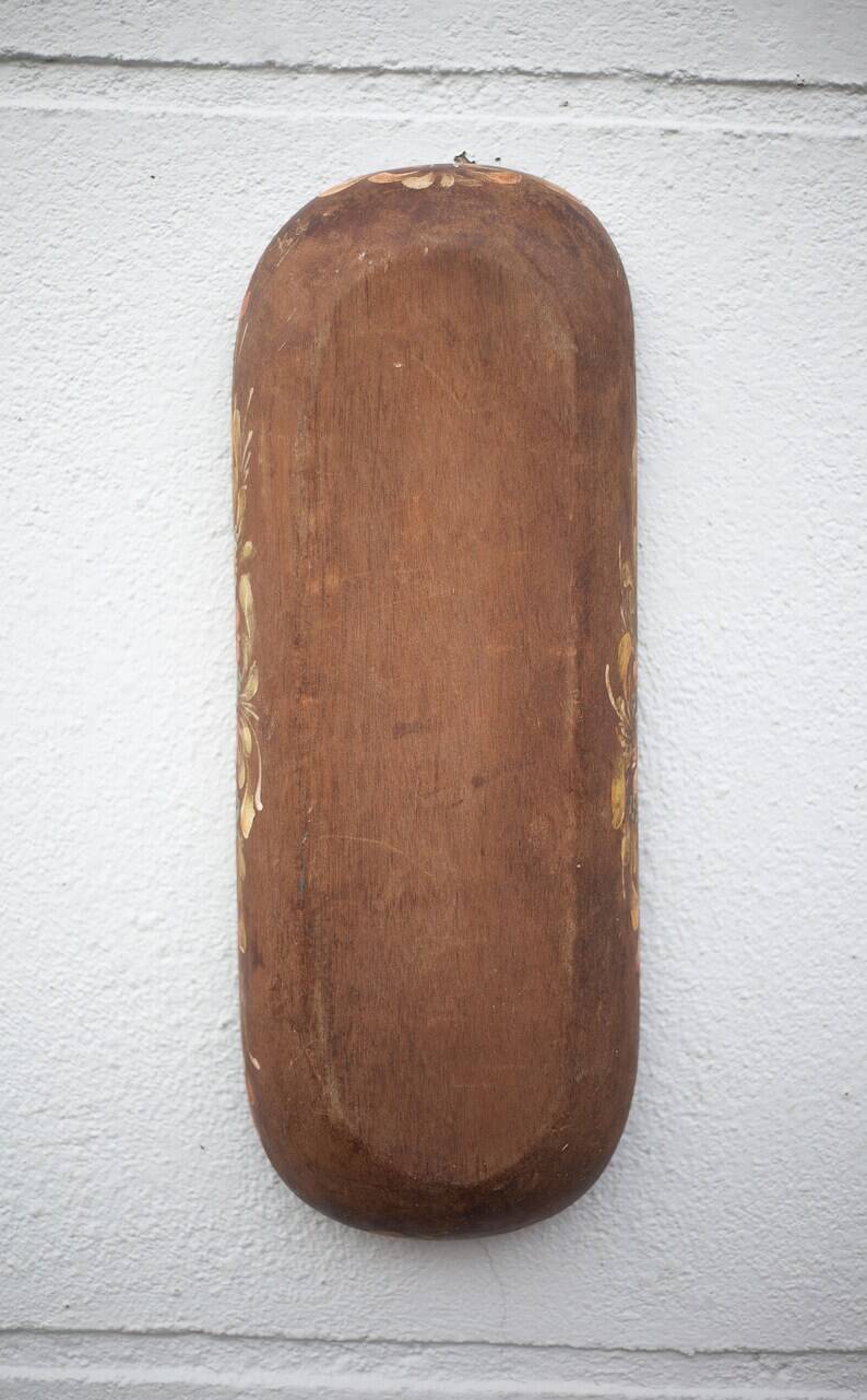 Vintage wooden basket, wooden basket with flower patterns, hand painted signed, kitchen, fruit bowl