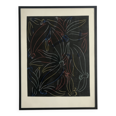 Elie Dayan, Sans titre (motif floral 1). Technique mixte sur papier
