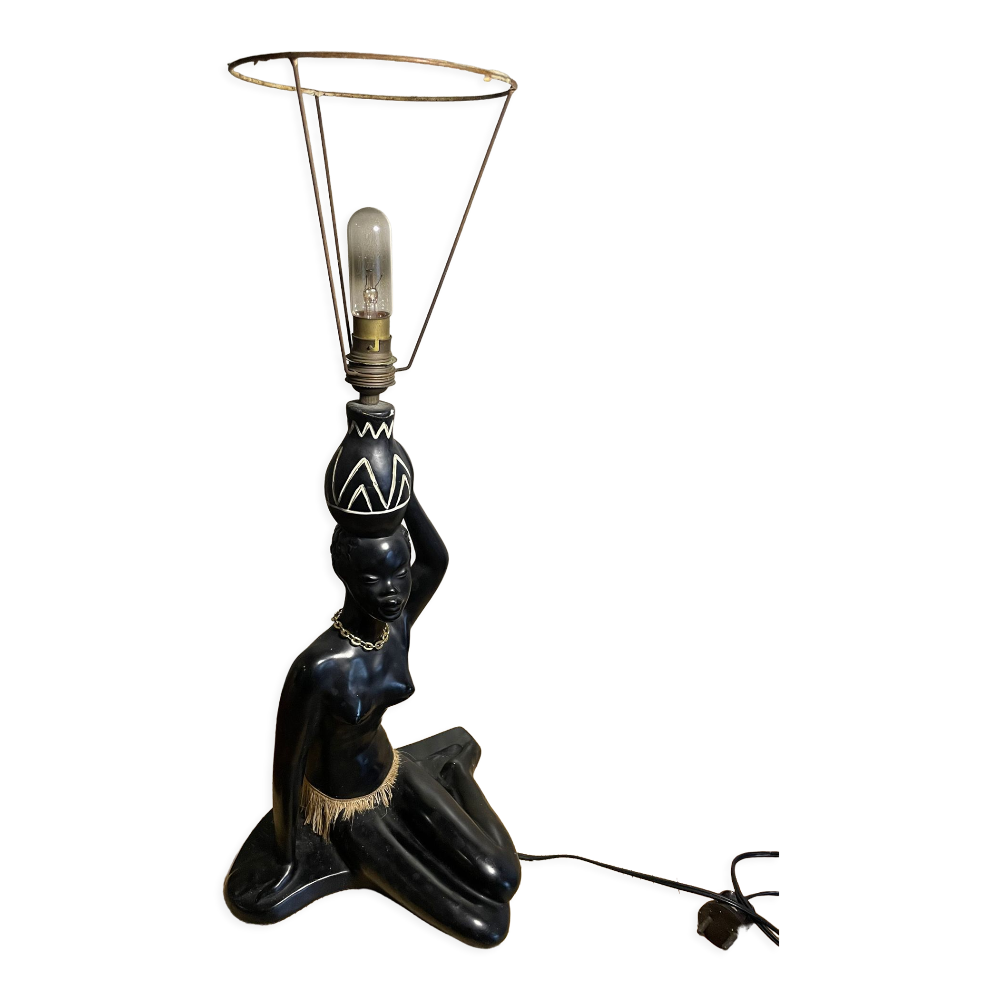 Pied de lampe plâtre femme africaine signé Pagliani
