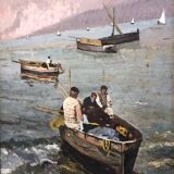 Two paintings, landscape and fishing