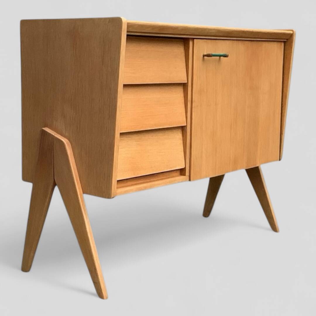 Vintage chest of drawers with compass legs, light oak, 1960s