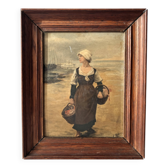Oil on panel "Return from the fish market" 1900, genre scene