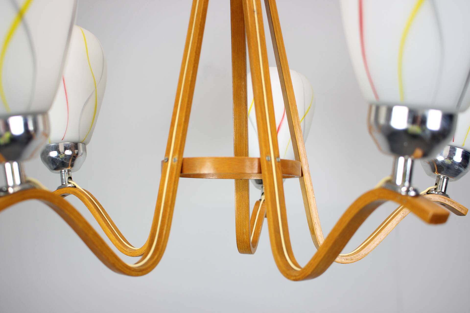 Mid-century wooden chandelier with glass shades, Czechoslovakia, 1970s.