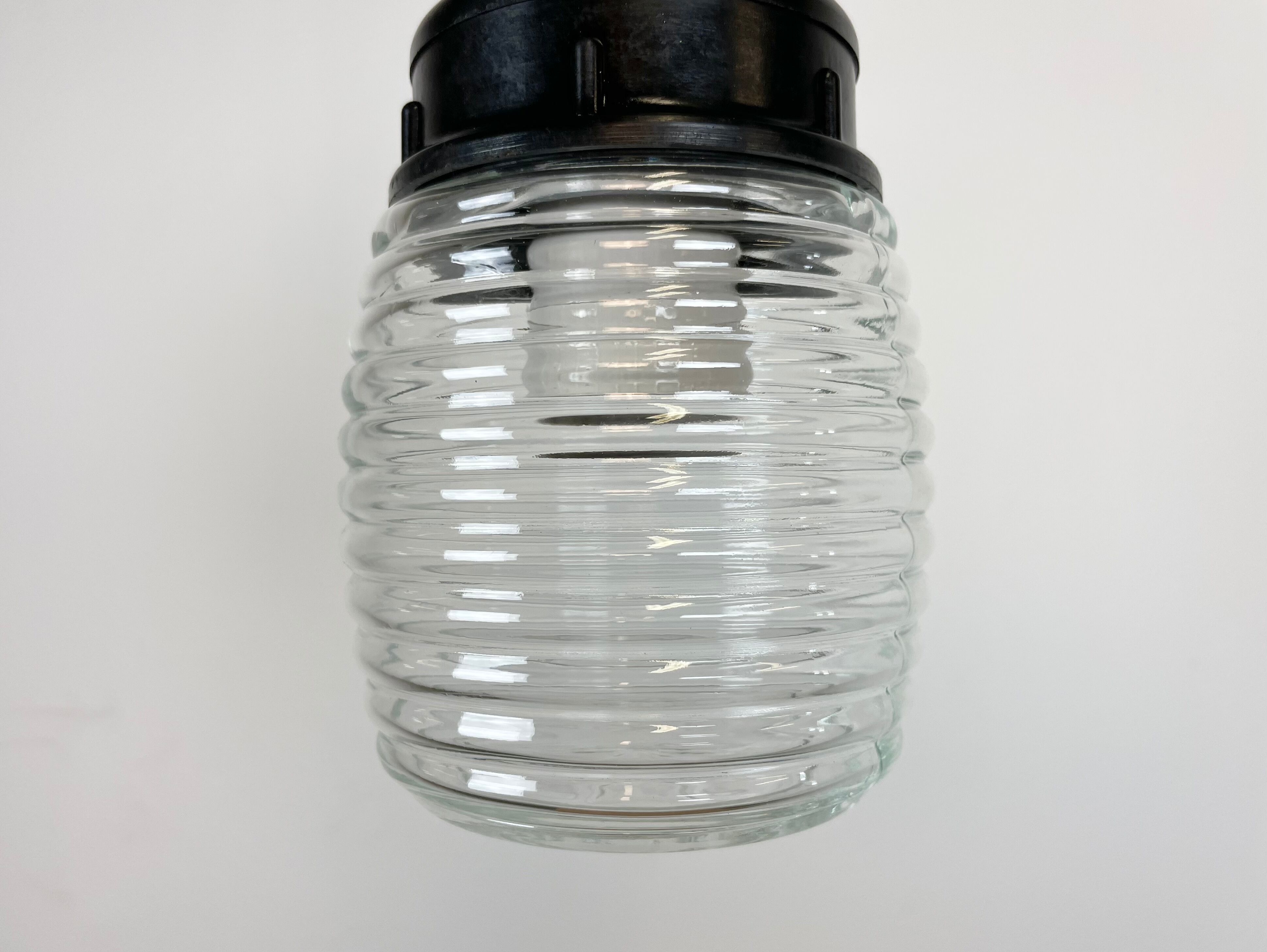 Industrial Bakelite Pendant Light with Ribbed Glass, 1970s