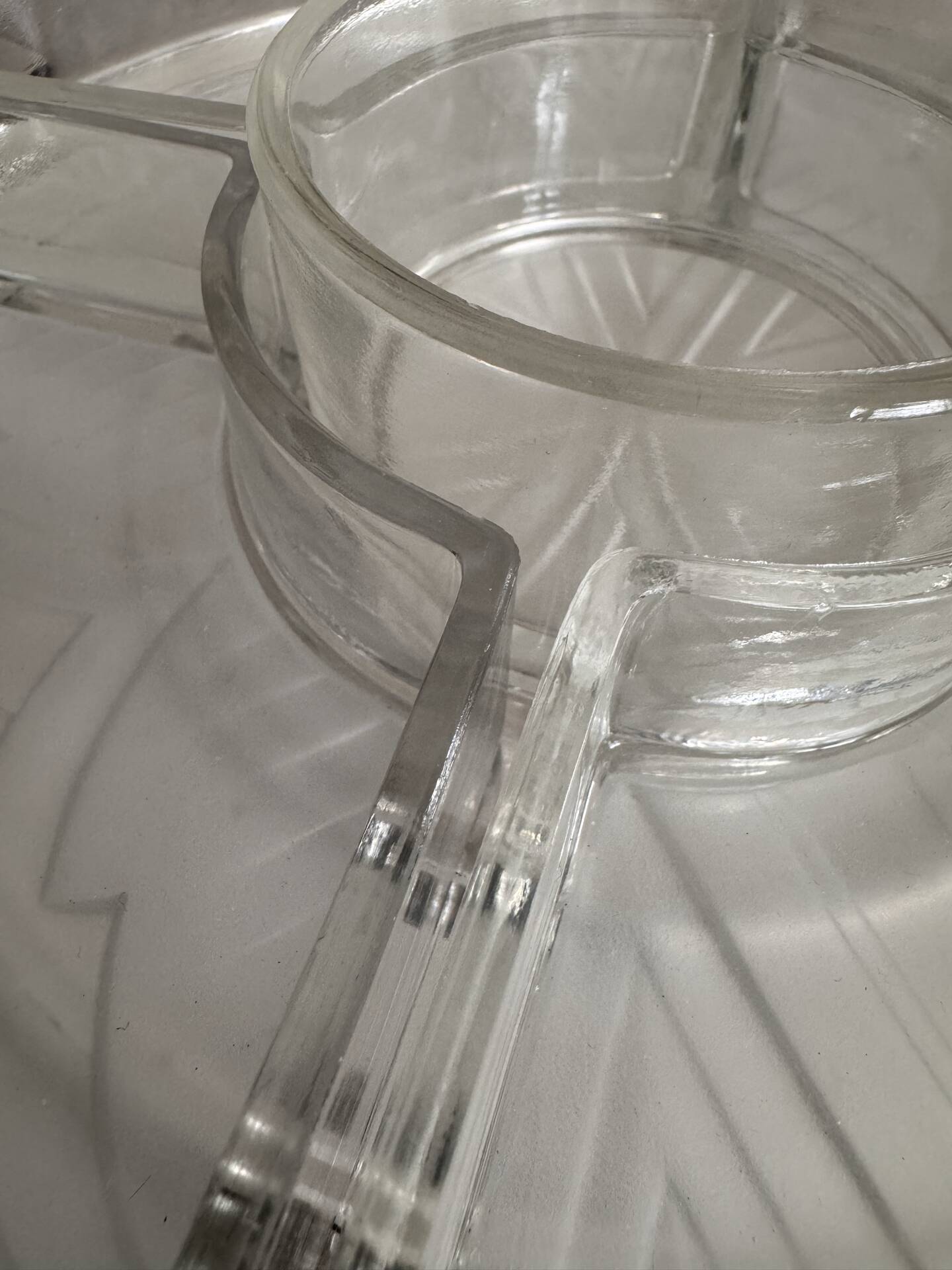 Art Deco silver-plated metal and glass serving platter for appetizers.